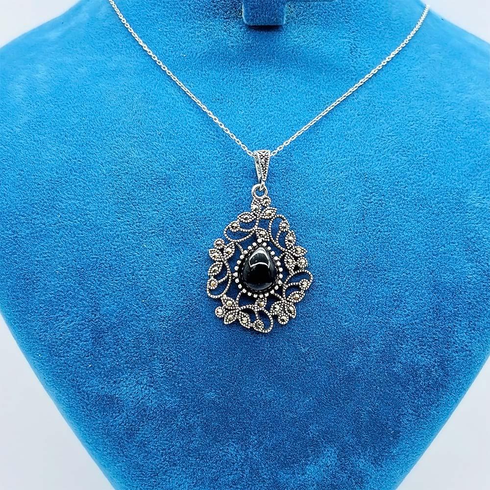 Drop Oltu Stone Design Crafted 925 K Silver Necklace