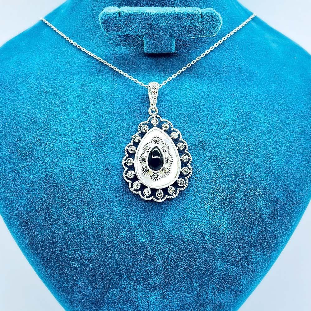 Drop Oltu Stone & Mother-of-Pearl Crafted 925 K Silver Necklace