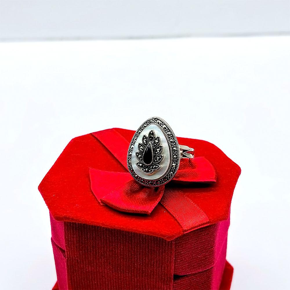 Drop Mother-of-Pearl Oltu Stone Crafted 925 K Silver Ring