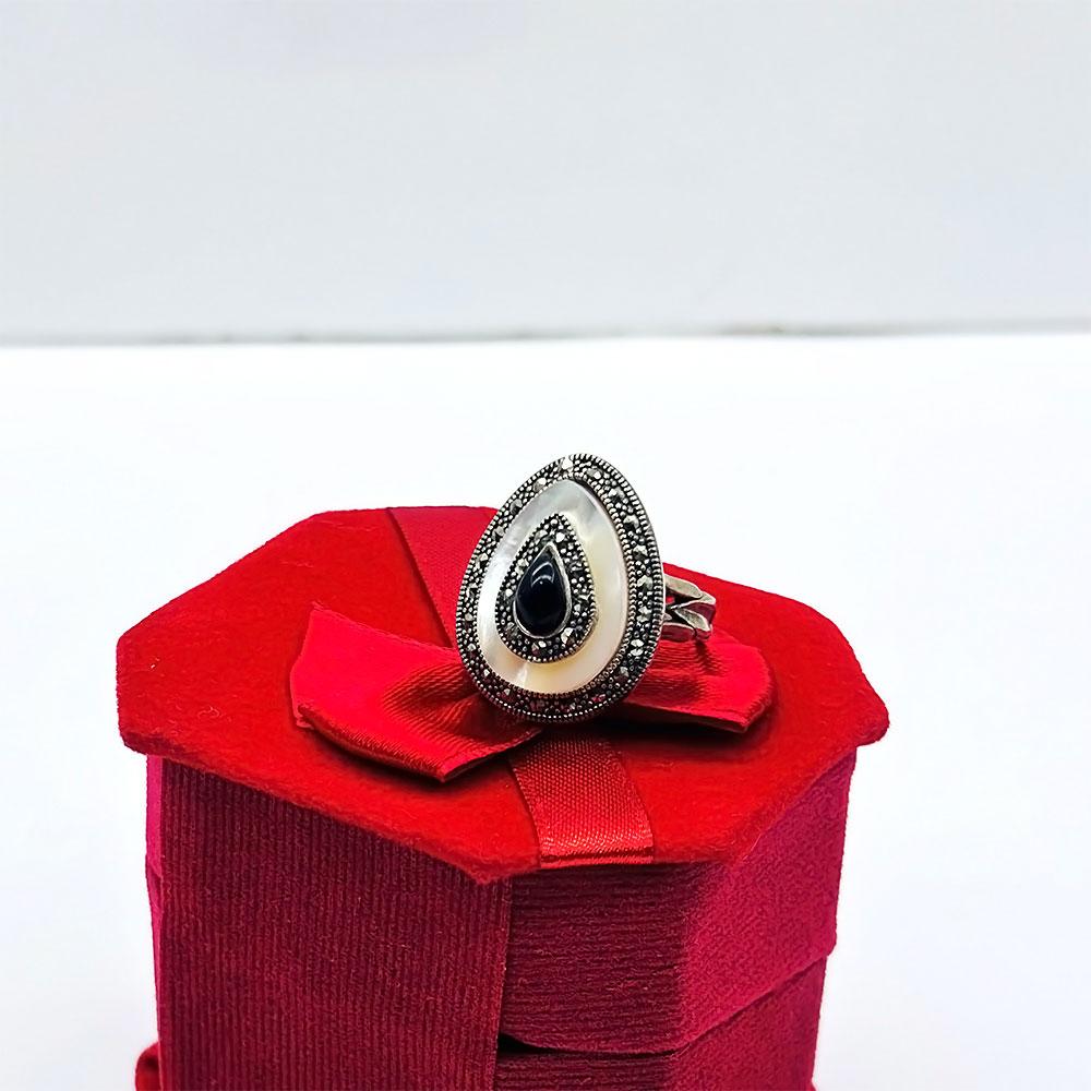 Drop Mother-of-Pearl Oltu Stone Crafted 925 K Silver Ring