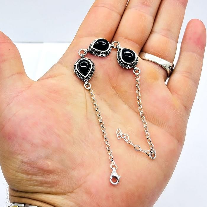 Damla Model Zirkon Oltu Taşı İşçilikli 925 Ayar Gümüş Bileklik