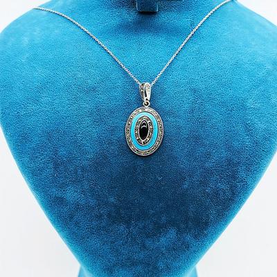 Firuze ve Oltu Taşı İşçilikli 925 Ayar Gümüş Kolye