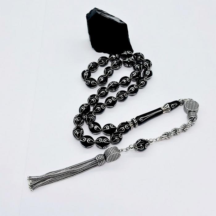 Göz Yaşı Damlası Model Gümüş İşlemeli Erzurum Oltu Taşı Tesbih