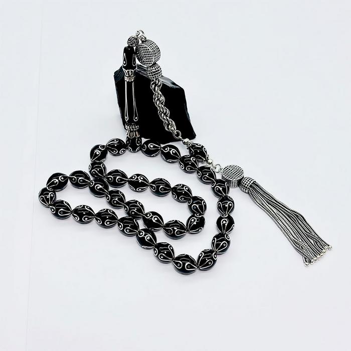 Göz Yaşı Damlası Model Gümüş İşlemeli Erzurum Oltu Taşı Tesbih