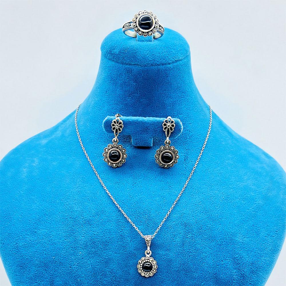 Rose Oltu Stone Crafted 925 K Silver Ring Earrings Necklace Set