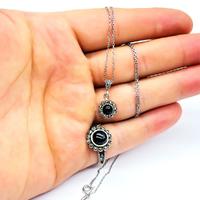 Gül Model Oltu Taşı İşçilikli 925 Ayar Gümüş Yüzük Küpe Kolye Set 