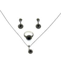 Gül Model Oltu Taşı İşçilikli 925 Ayar Gümüş Yüzük Küpe Kolye Set 