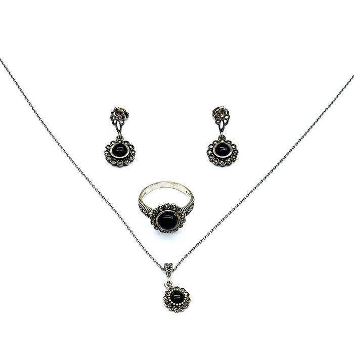 Gül Model Oltu Taşı İşçilikli 925 Ayar Gümüş Yüzük Küpe Kolye Set 