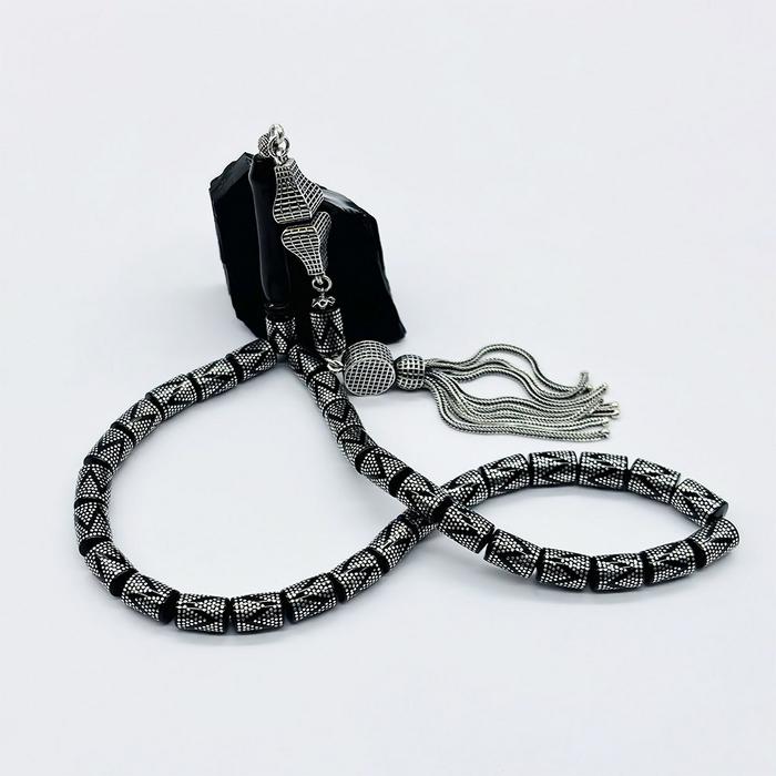 Gümüş İşlemeli Kesme Model Erzurum Oltu Taşı Tesbih