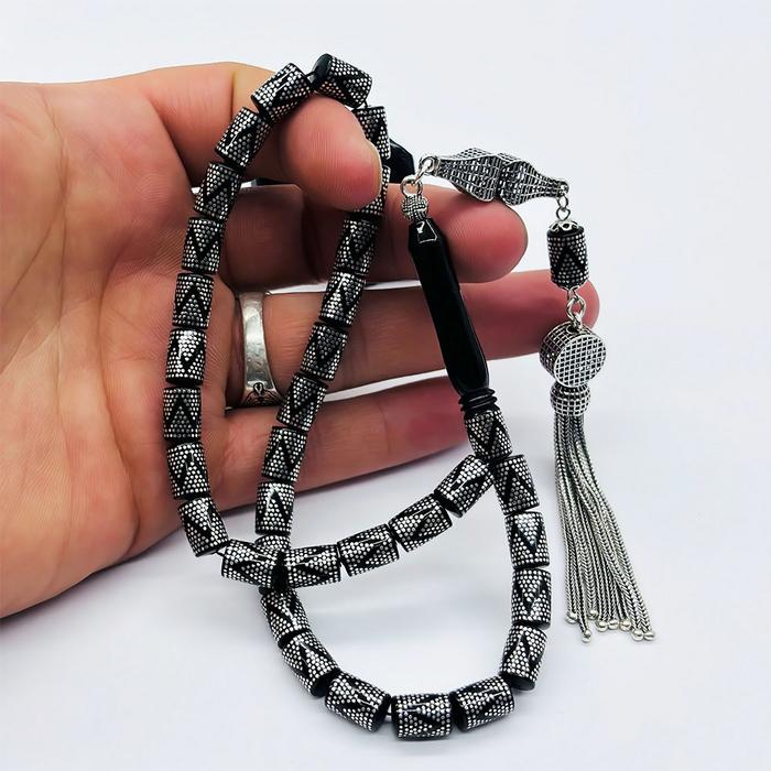Gümüş İşlemeli Kesme Model Erzurum Oltu Taşı Tesbih