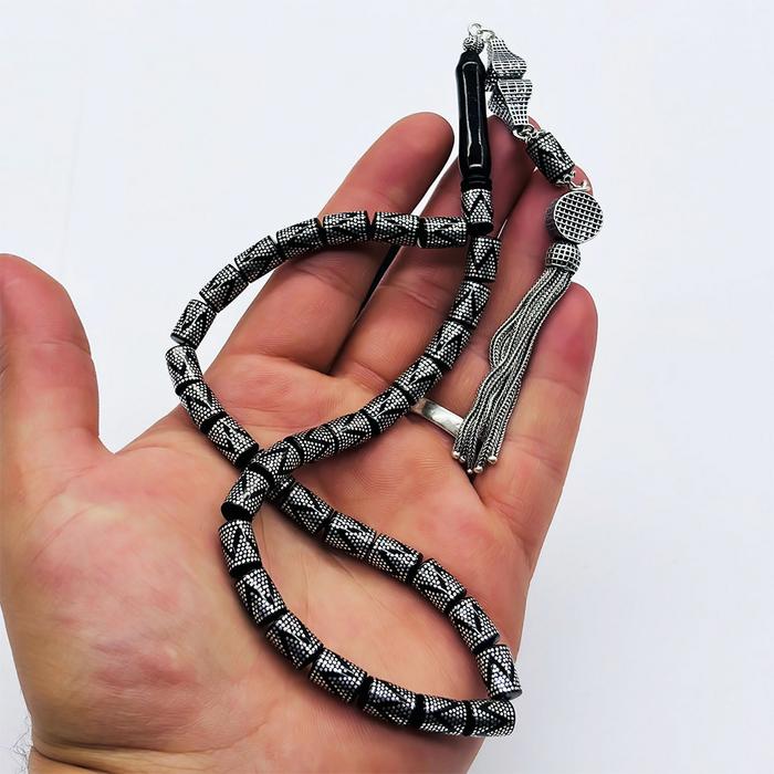 Gümüş İşlemeli Kesme Model Erzurum Oltu Taşı Tesbih