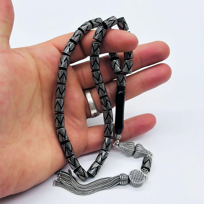 Gümüş İşlemeli Kesme Model Erzurum Oltu Taşı Tesbih