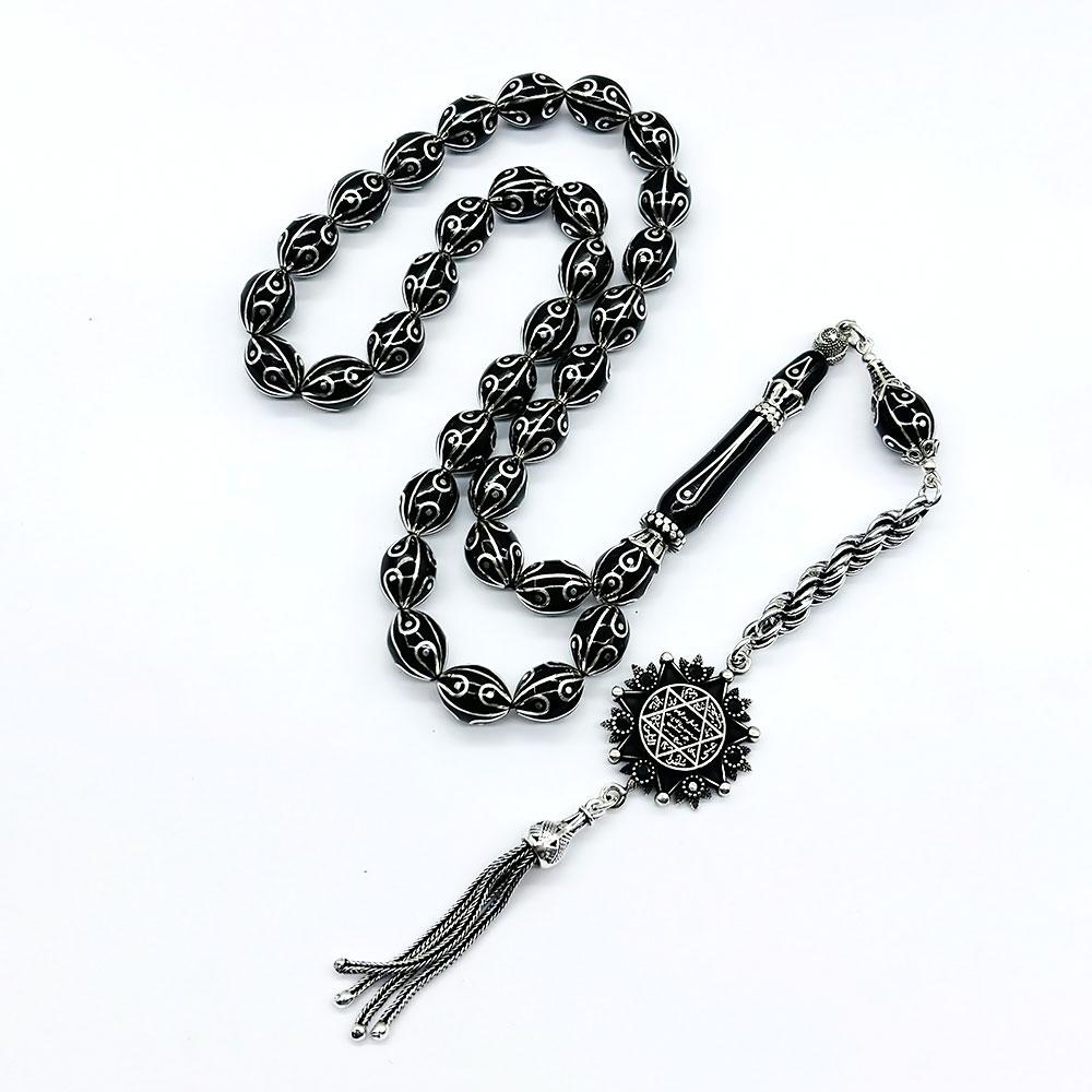 Silver Engraved Usta Crafted Orijinal Oltu Stone Prayer Beads