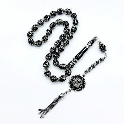 Gümüş İşlemeli Usta İşçilikli Orijinal Oltu Taşı Tesbih