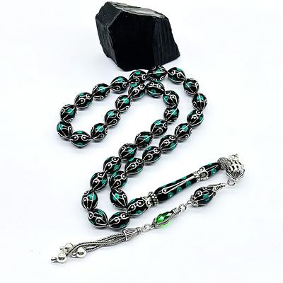 Gümüş İşlemeli Usta İşçilikli Orijinal Oltu Taşı Tesbih