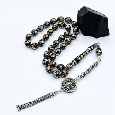 Gümüş İşlemeli Usta İşçilikli Orijinal Oltu Taşı Tesbih