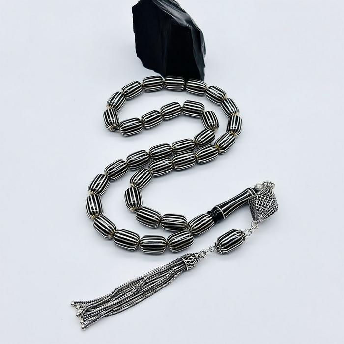 Gümüş Karpuz Dilimi İşlemeli Erzurum Oltu Taşı Tesbih