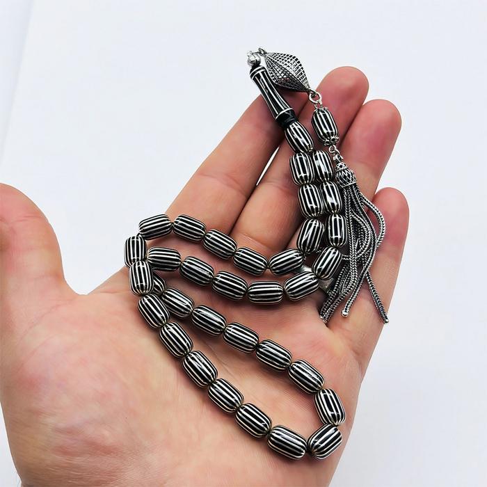 Gümüş Karpuz Dilimi İşlemeli Erzurum Oltu Taşı Tesbih