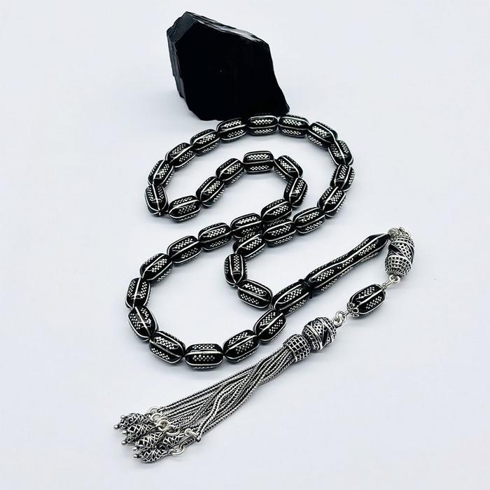 Gümüş Zincir Model İşlemeli Erzurum Oltu Taşı Tesbih