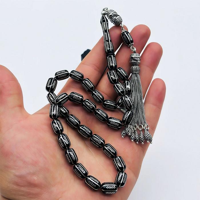 Gümüş Zincir Model İşlemeli Erzurum Oltu Taşı Tesbih