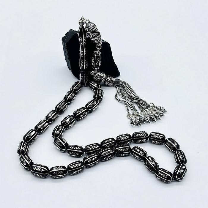 Gümüş Zincir Model İşlemeli Erzurum Oltu Taşı Tesbih