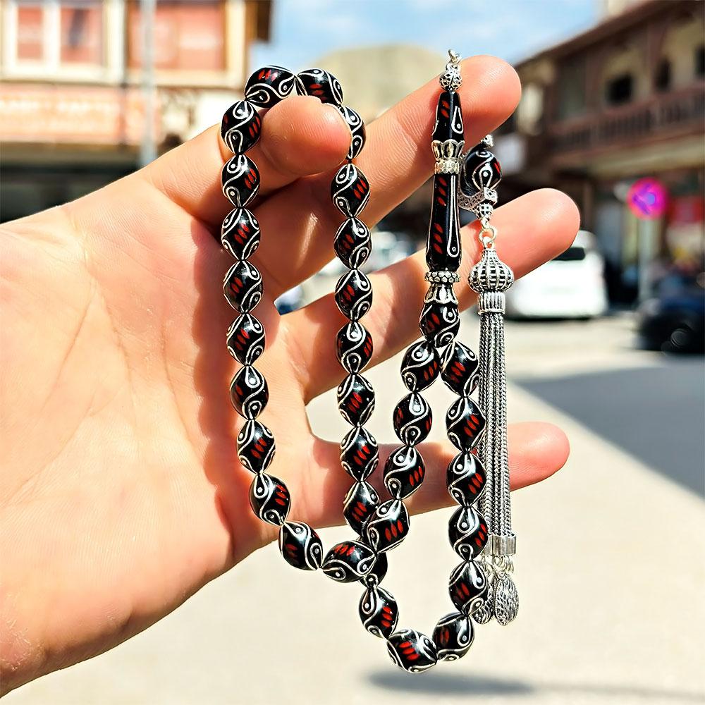 Red Alman Enamel Crafted Erzurum Oltu Stone Prayer Beads
