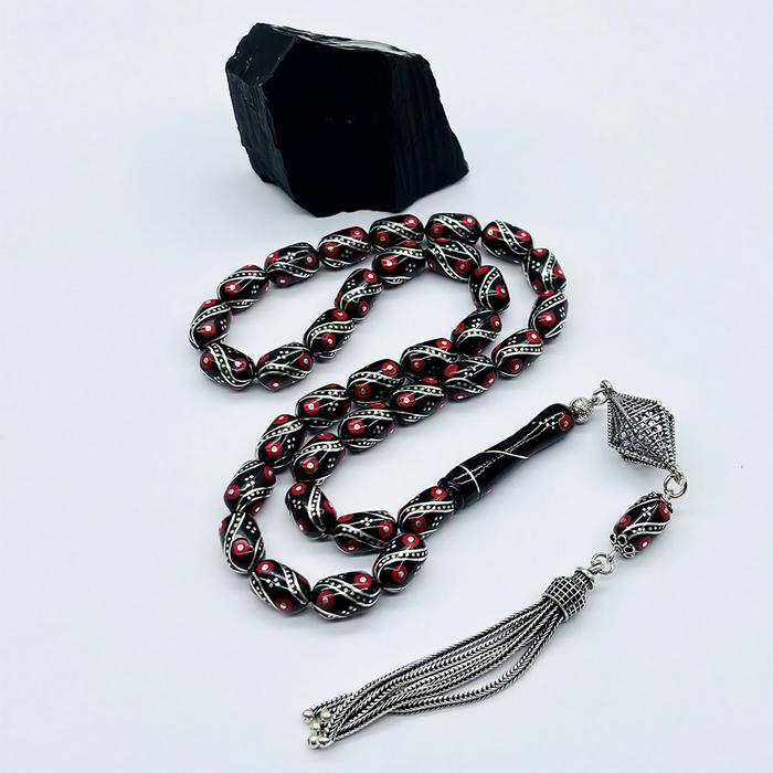 Kırmızı Çeşmi Bülbül İşlemeli Erzurum Oltu Taşı Tesbih