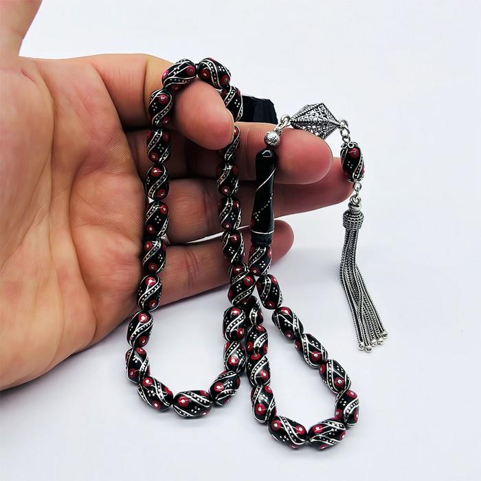 Kırmızı Çeşmi Bülbül İşlemeli Erzurum Oltu Taşı Tesbih