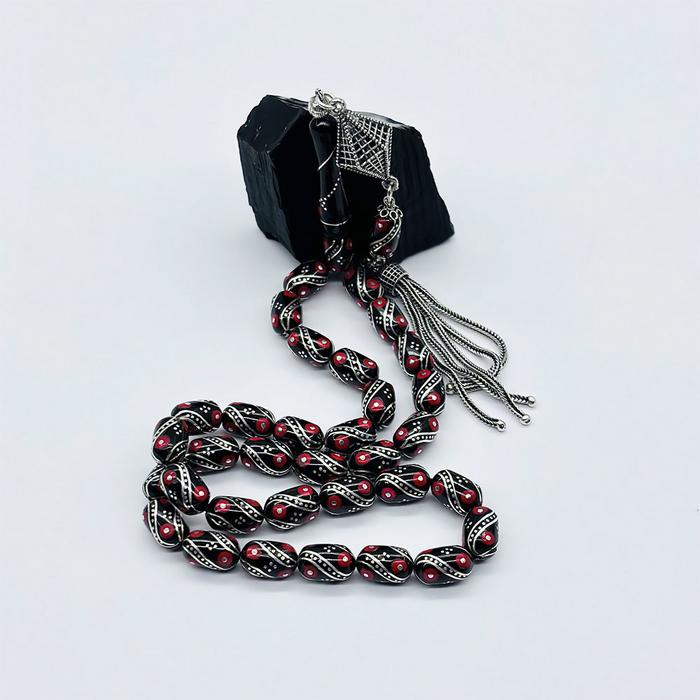 Kırmızı Çeşmi Bülbül İşlemeli Erzurum Oltu Taşı Tesbih