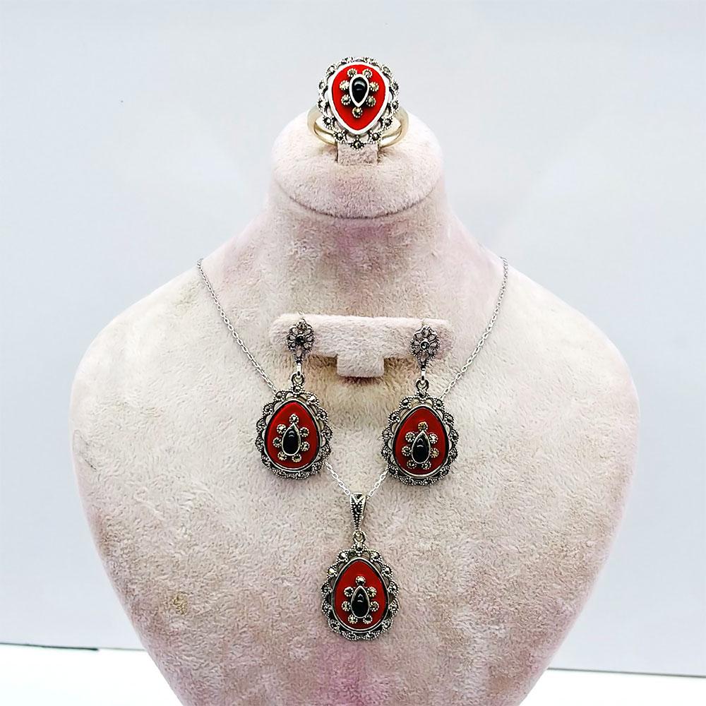 Red Enamel & Oltu Stone Crafted 925 K Necklace Earrings Ring Set