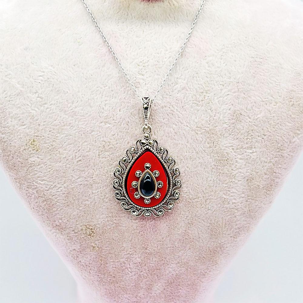Red Enamel & Oltu Stone Crafted 925 K Silver Necklace