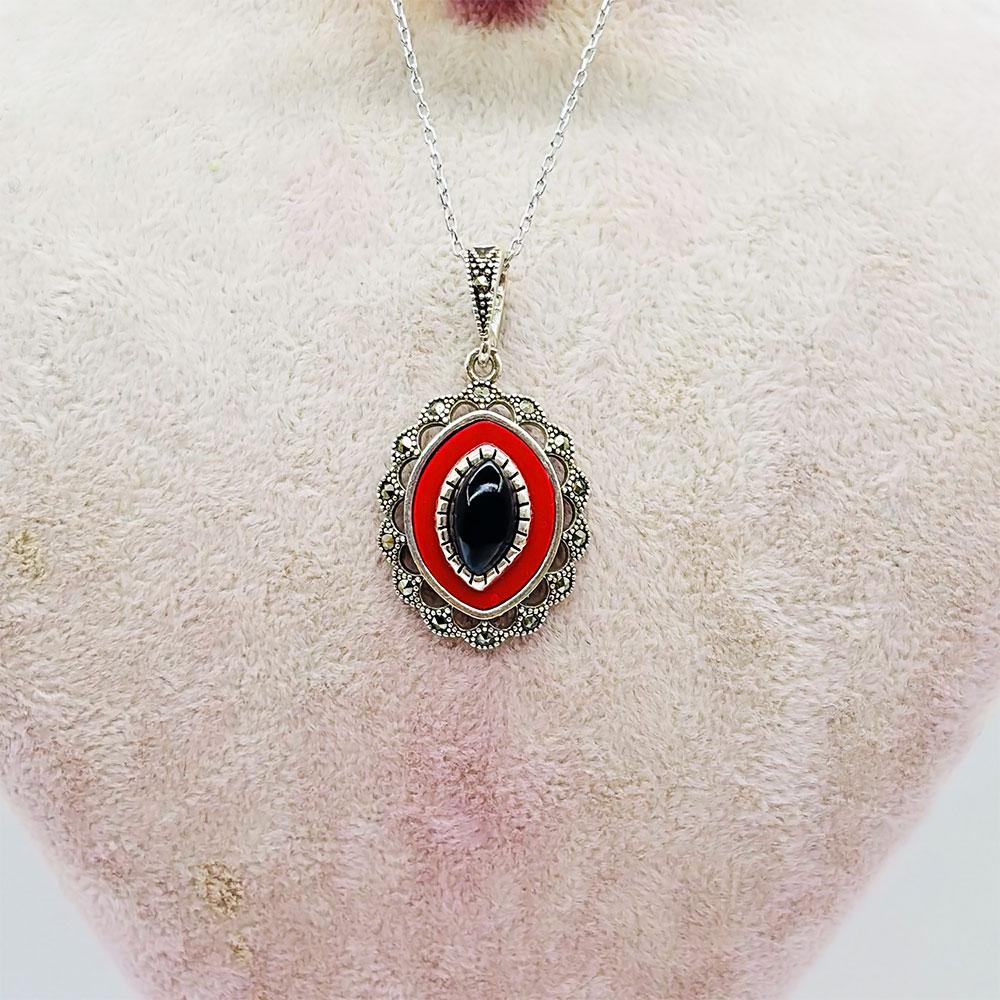 Red Enamel & Oltu Stone Crafted 925 K Silver Necklace