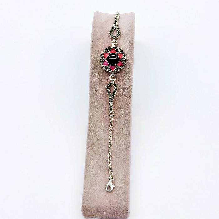 Kırmızı Mine ve Oltu Taşı işçilikli 925 Ayar Gümüş Bileklik