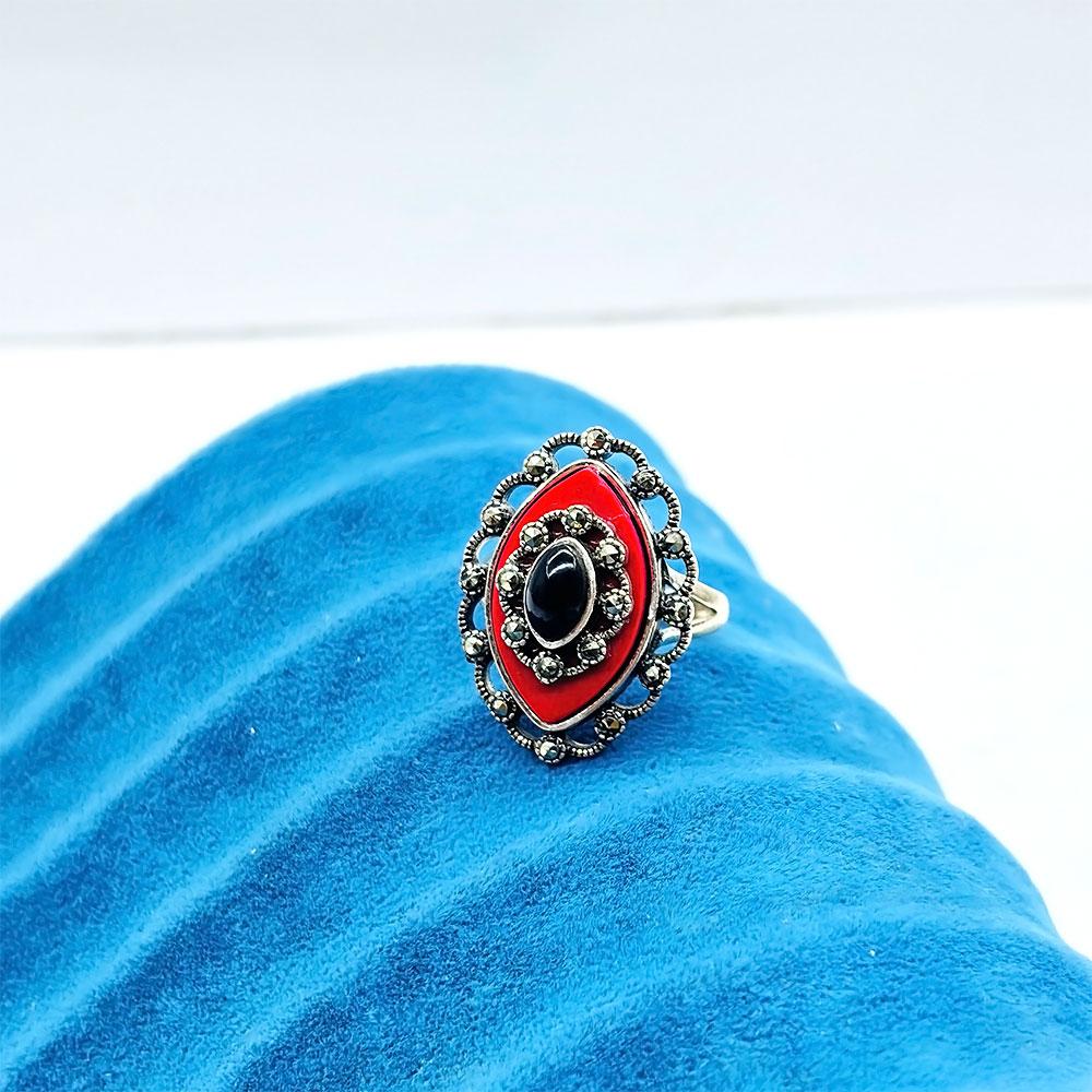 Red Enamel & Oltu Stone Crafted 925 K Silver Ring
