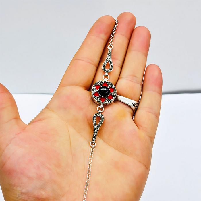 Kırmızı Mine ve Oltu Taşı işçilikli 925 Ayar Gümüş Bileklik