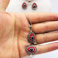 Kırmızı Mine ve Oltu Taşı İşçilikli 925 Ayar Gümüş Kolye Küpe Yüzük Set