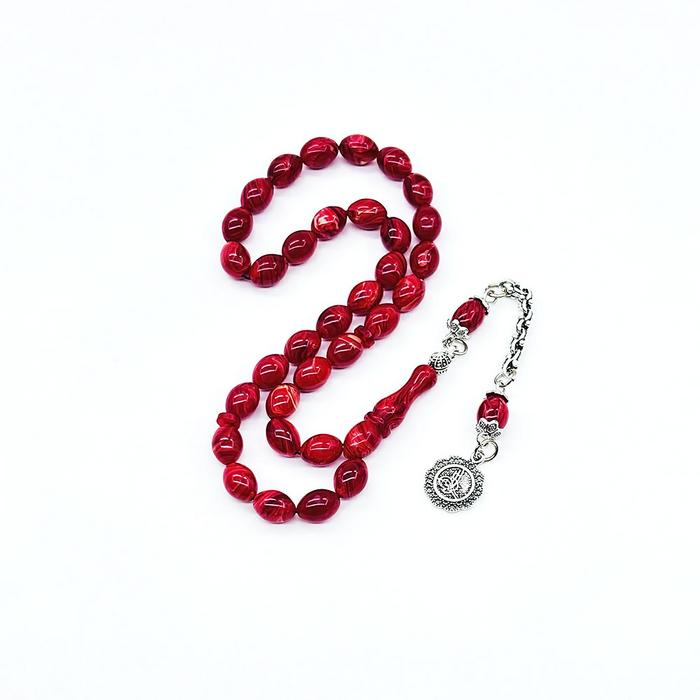 Kırmızı Renk Hareli Sıkma Ateş Kehribar Tesbih