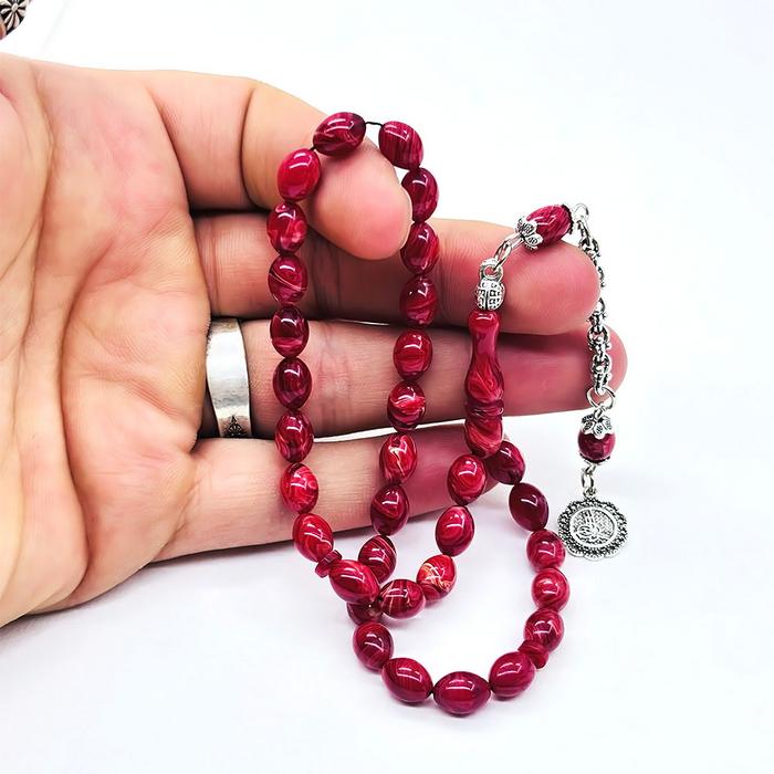 Kırmızı Renk Hareli Sıkma Ateş Kehribar Tesbih