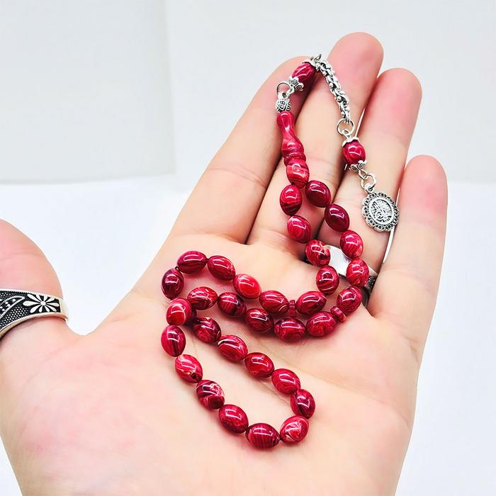 Kırmızı Renk Hareli Sıkma Ateş Kehribar Tesbih