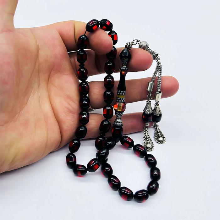 Kırmızı Sürmeli Toz Sıkma Kehribar Tesbih