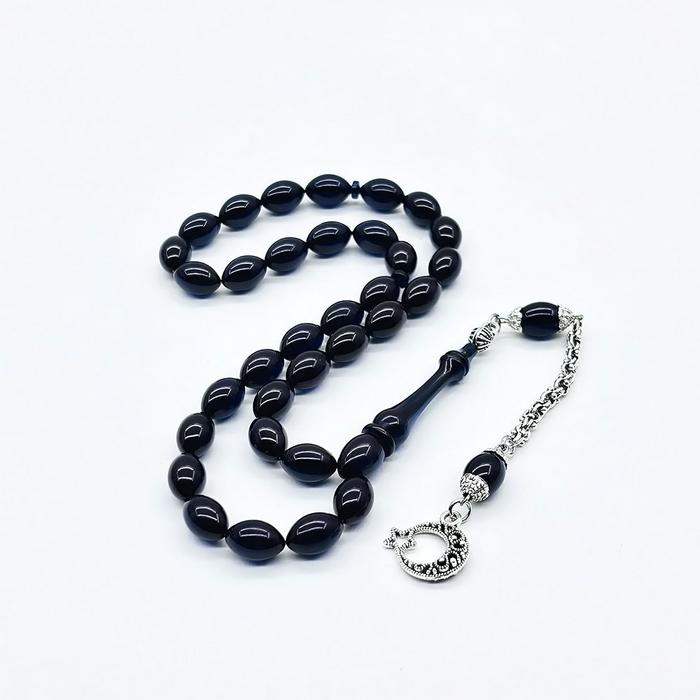 Koyu Mavi Renkte Sıkma Ateş Kehribar Tesbih