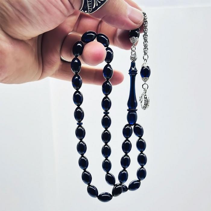 Koyu Mavi Renkte Sıkma Ateş Kehribar Tesbih