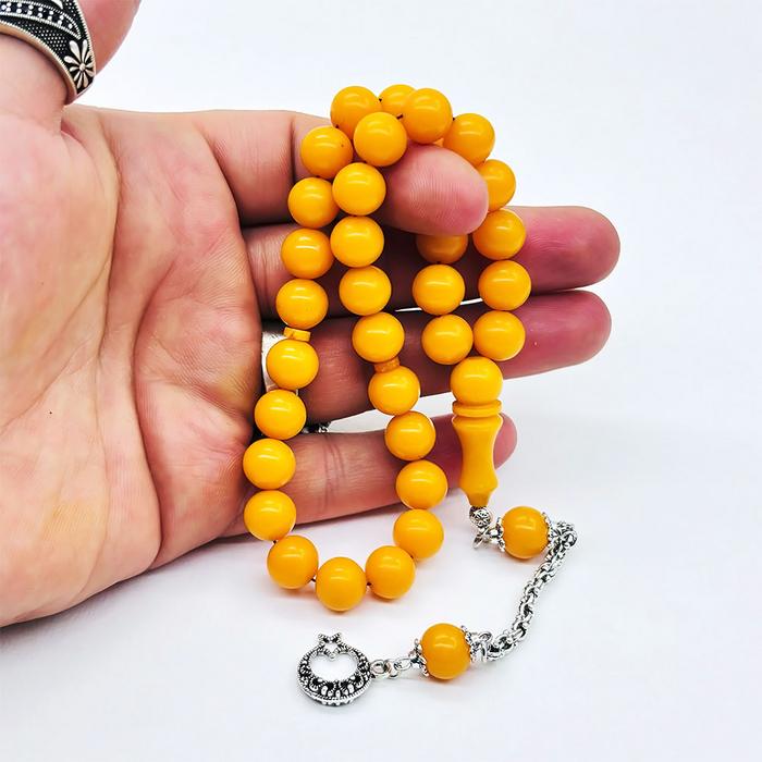 Koyu Sarı Renkte Misket Kesim Sıkma Ateş Kehribar Tesbih