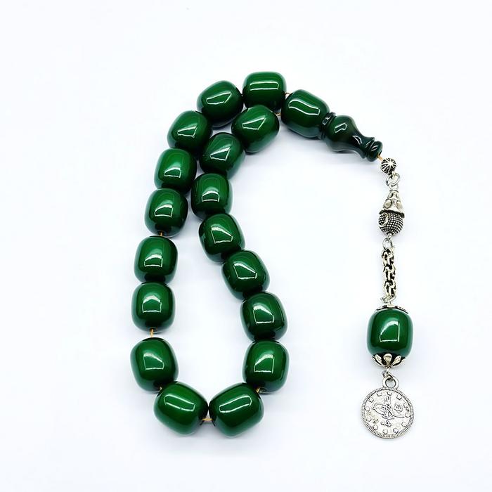 Koyu Yeşil Renkte Efe Maskot Sıkma Ateş Kehribar Tesbih