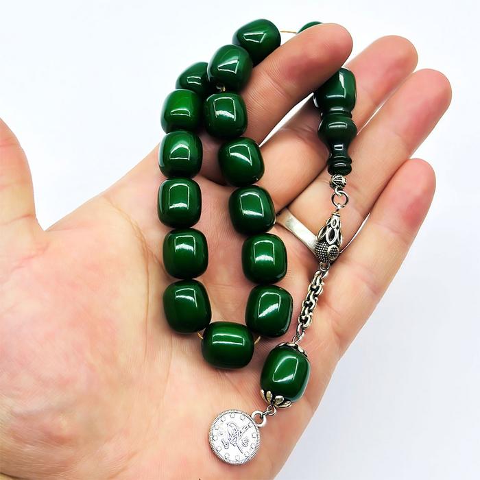 Koyu Yeşil Renkte Efe Maskot Sıkma Ateş Kehribar Tesbih