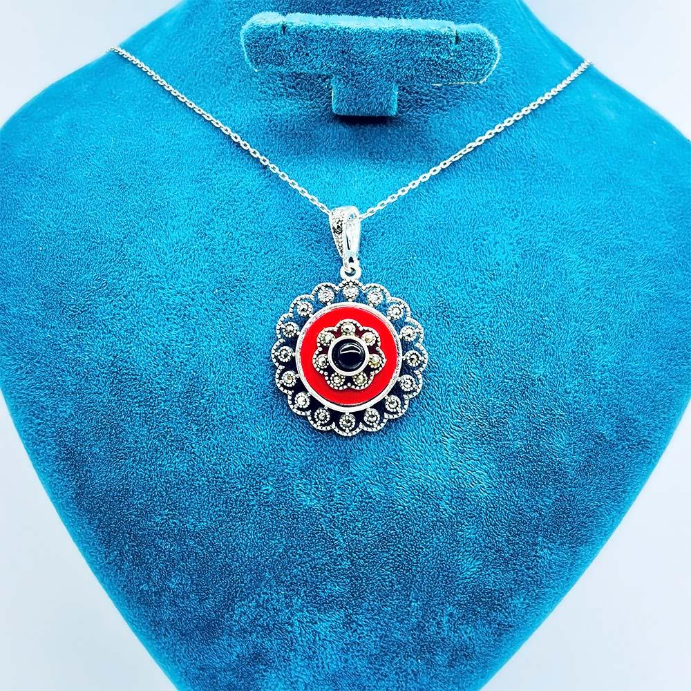 Margazit Red Enamel & Oltu Stone Crafted 925 K Silver Necklace