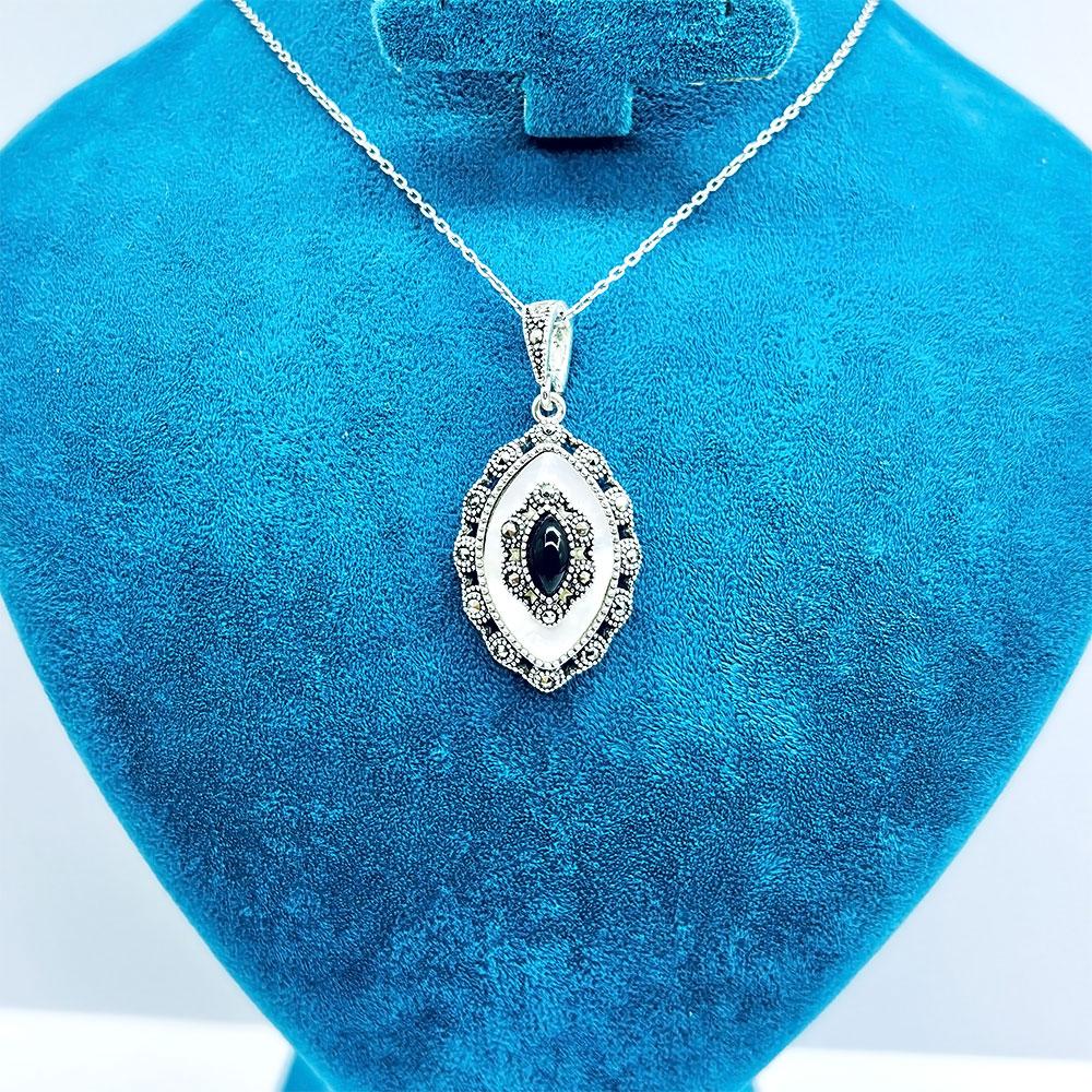 Margazit Oltu Stone & Mother-of-Pearl Crafted 925 K Silver Necklace