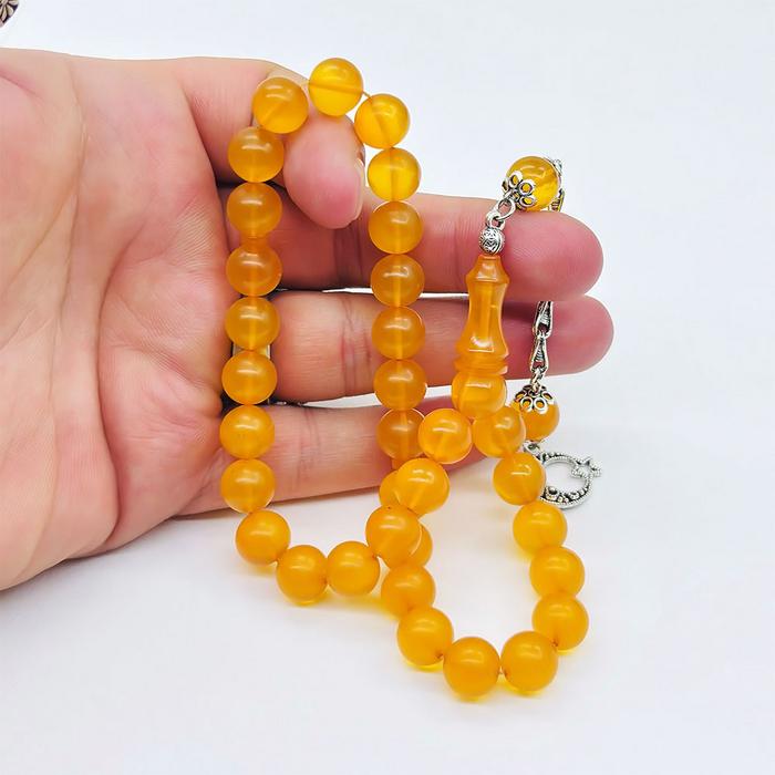 Mat Sarı Renkte Sıkma Ateş Kehribar Tesbih