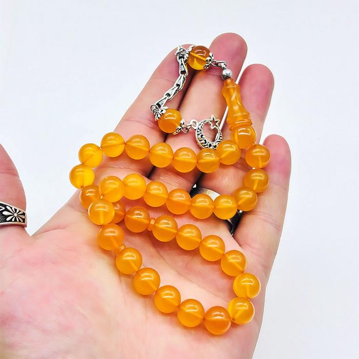 Mat Sarı Renkte Sıkma Ateş Kehribar Tesbih