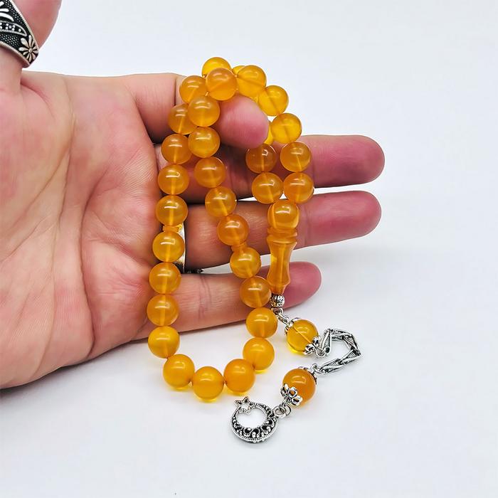 Mat Sarı Renkte Sıkma Ateş Kehribar Tesbih